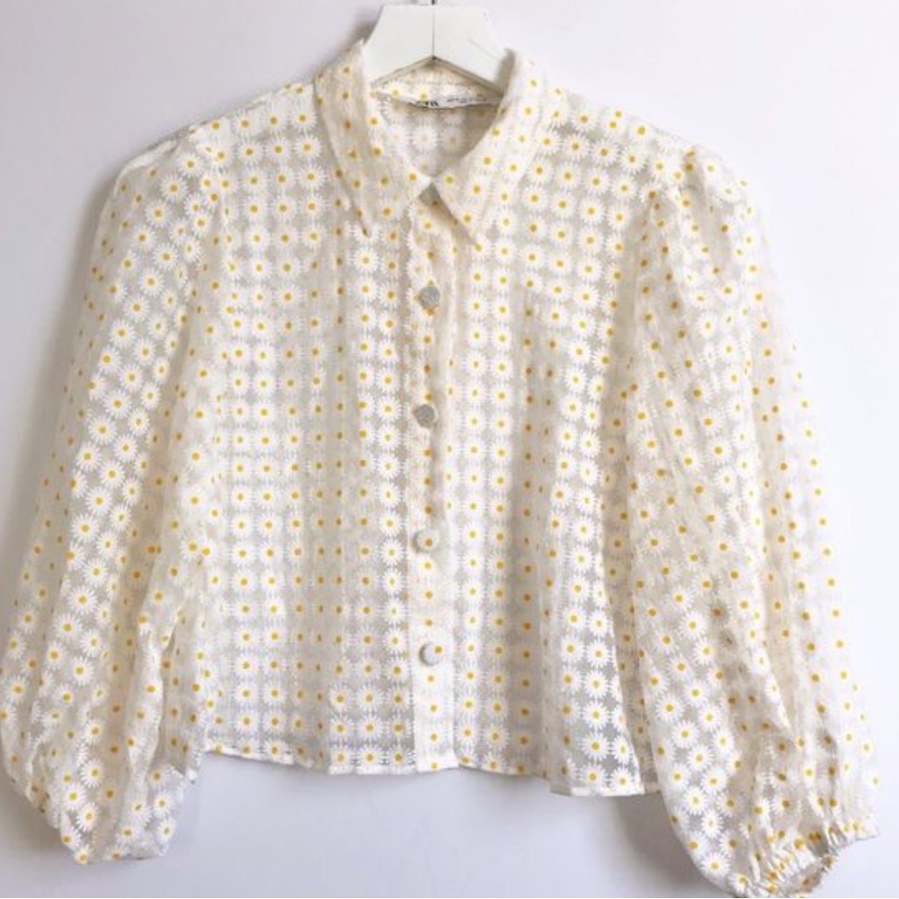 White 3/4 Puff Floral Blouse